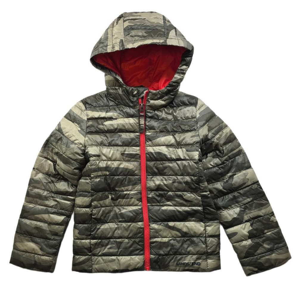 Lands' End Puffer Jacket Kids XS 4-5‎ Green Camo Orange Primaloft Hooded Coat